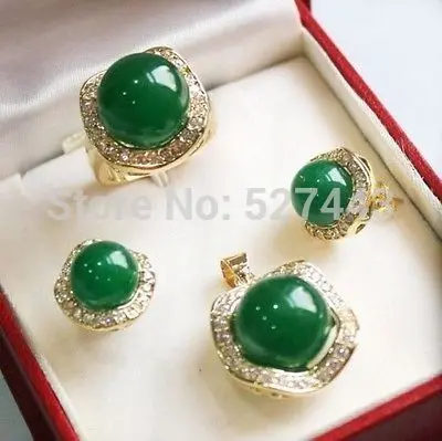 

FREE SHIPPING>>@> Wholesale stylish green Natural stone pendant necklace earrings ring set jewelry