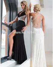 2016 neue Ankunft Halter Kristall Lange Abendkleider Sheer Zurück vestidos de fiesta Sexy Mit Schlitz Party kleid
