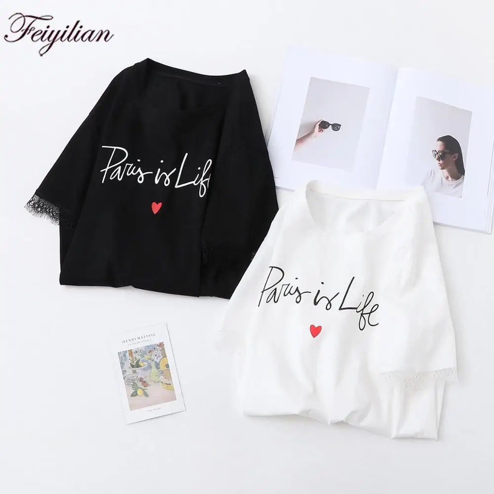 

Summer 2019 New Lace Sleeve Letter and Love Printed Fashion Leisure T-shirt