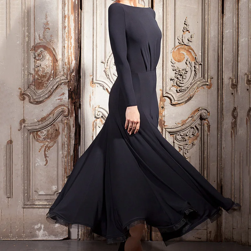 

Newest Modern Dance Dresses for Ladies Black Long Sleeve Backless Big Pendulum Dress Women Competitive Ballroom Costumes PY008
