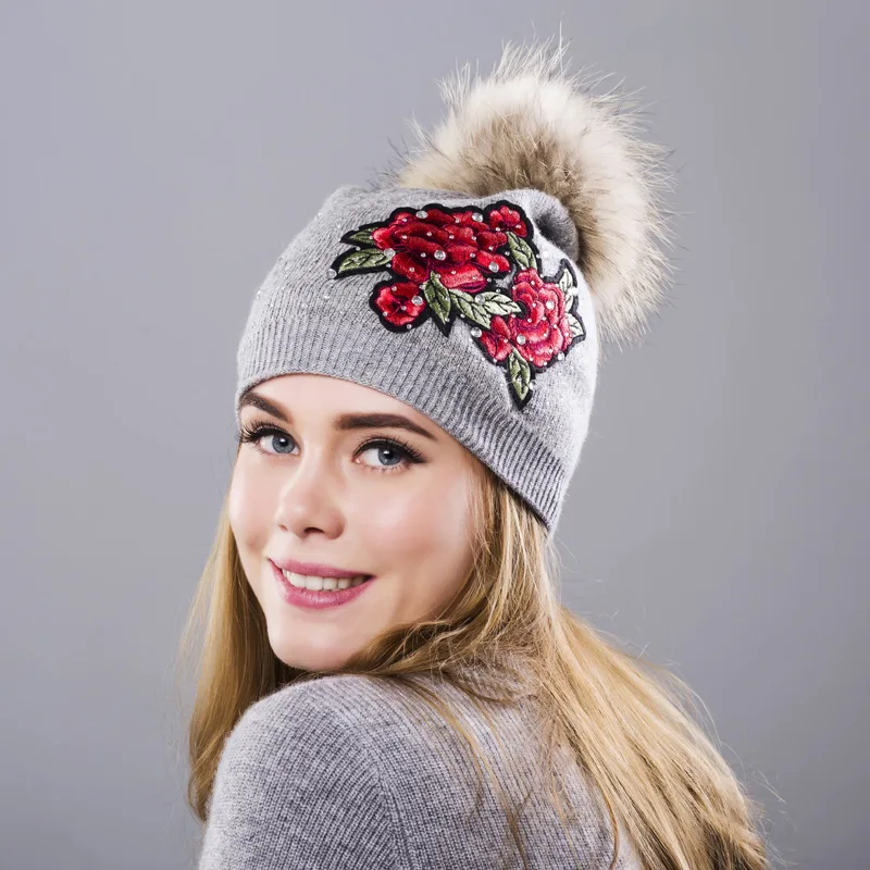 Winter Hat Women Knit Beanie Warm Cap Wool Flower Real Raccoon Pom Pom Autumn Casual Outdoor Ski Skullies Snow Accessory (31)