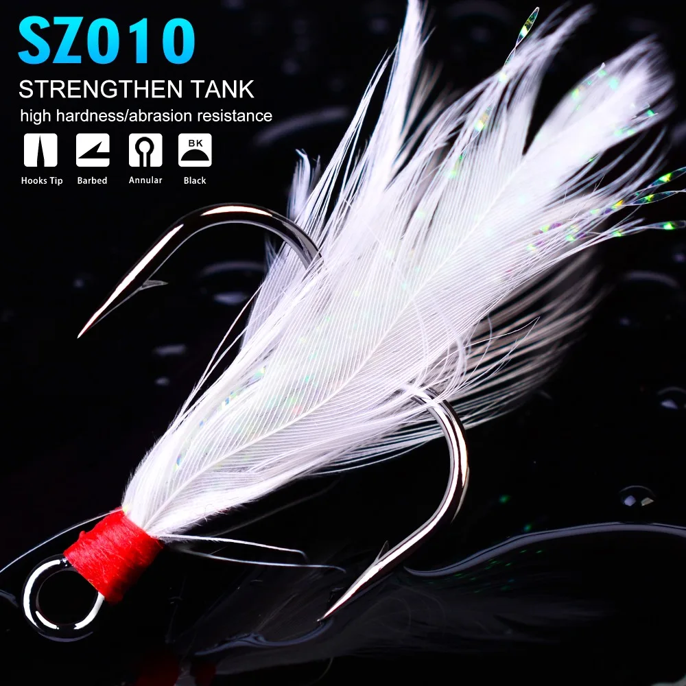 

500pcs/lot New Fishhook High Carbon Steel Treble Hooks 2#/4#/6#/8#10# Black / Red Color Fishing Hook with Feather Fishing Tackle