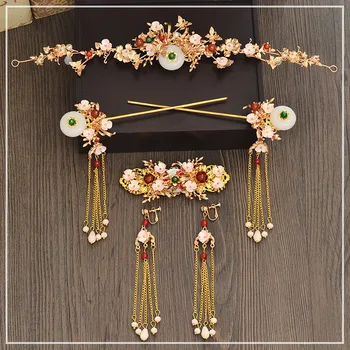 

new Chinese claasical bride headdress costume retro hairpin long earrings orient bride wedding coronet hair accessories