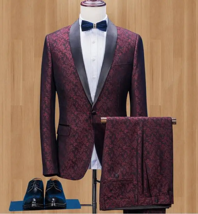 Приталенная шаль с отворотом для выпускного вечера для мужчин s костюм с брюками на одной пуговице бордовый Цветочный Жаккард свадебные костюмы для мужчин 2 шт.(куртка+ брюки - Цвет: Same as picture