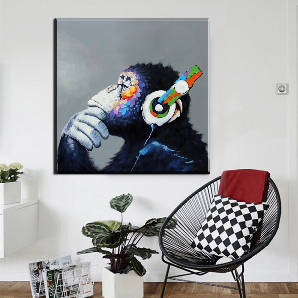 xdr412 1pc Picture Modular Canvas Oil Painting  Animal Picture Monkey Wearing Headphones Prints Art Home Deco Poster