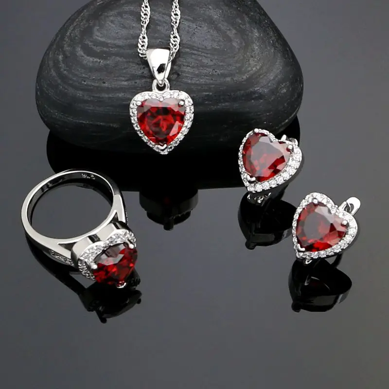 

Wedding 925 Sterling Silver Bridal Jewelry Sets For Women White Crystal And Red Heart Stone Earrings Ring Necklace Pendant