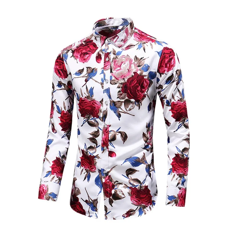 2018 الخريف جديد الأزياء الذكور قميص عارضة طويلة الأكمام زر قميص للرجال روز المطبوعة الزهور قمصان الرجال زائد حجم 5XL 6XL 7XL
