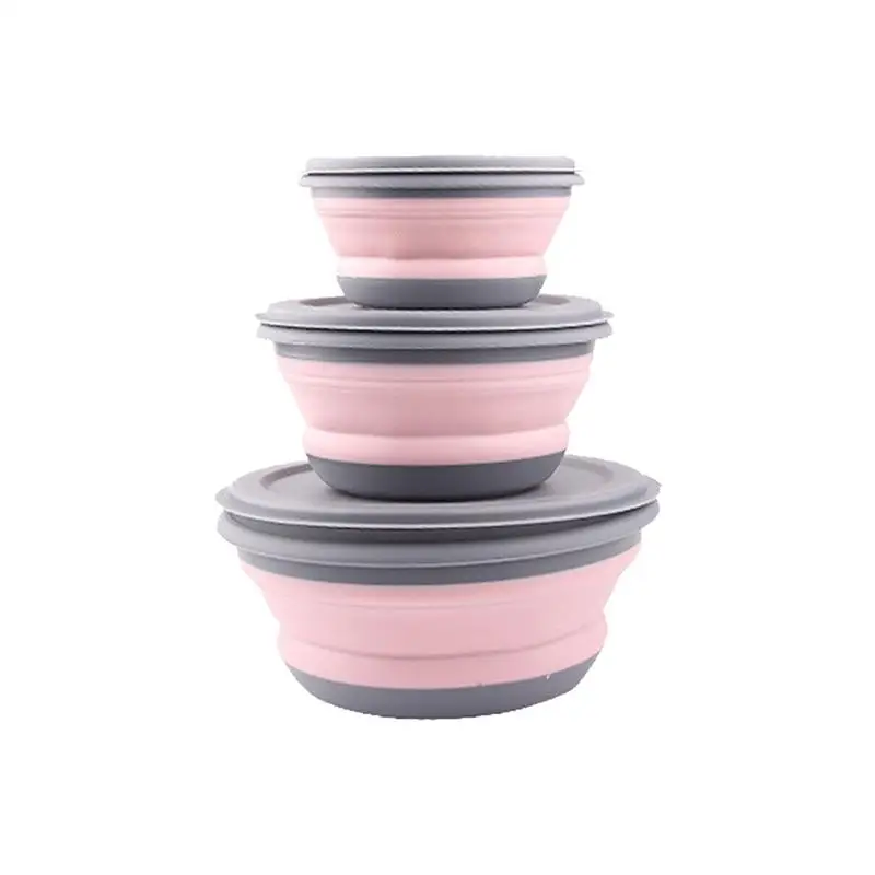 3 шт./компл. чаша комплекты силиконовый складной Коробки для обедов складная чаша Портативный силиконовая складная чаша Складная миска для салата с крышкой - Цвет: Pink