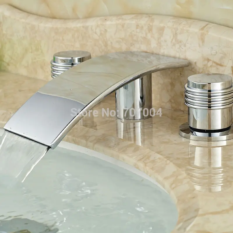 

Polished Chrome Deck Mount Basin Sink Faucet Deck Mount Two Handles Waterfall Spout Bathroom Hot Cold Taps