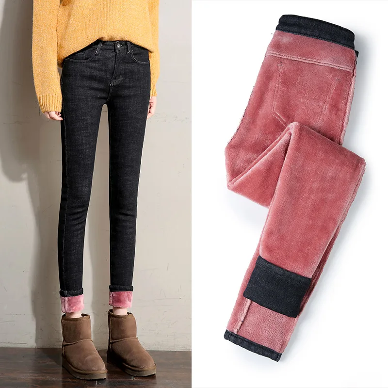

2018 Winter Stretch Plus Size Mid Waist Skinny Jeans Woman Thickening Velvet Ankle/Full Pencil Pants Black Jeans Warm Jeans