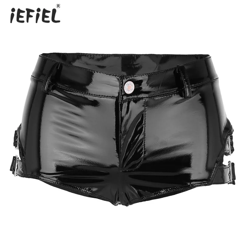 

iEFiEL Women Sexy Lingerie Wet Look Patent Leather Shorts Party Dance Erotic Pants Clubwear Low Rise Mini Shorts Hot Pants