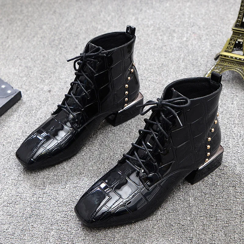 

Studded Ankle Boots Women Black Sparkling Casual Square Toe Shoes Woman Rome Cool Winter Boots Out-doors Martin Botas Mujer 40