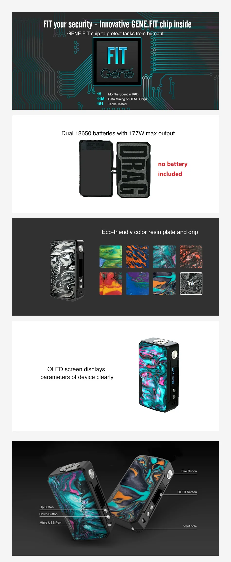 VOOPOO DRAG 2 177 Вт коробка мод мощность на 18650 батарея электронная сигарета мод VooPoo мод Vs Gen Mod/Shogun Univ/Drag 157 Вт