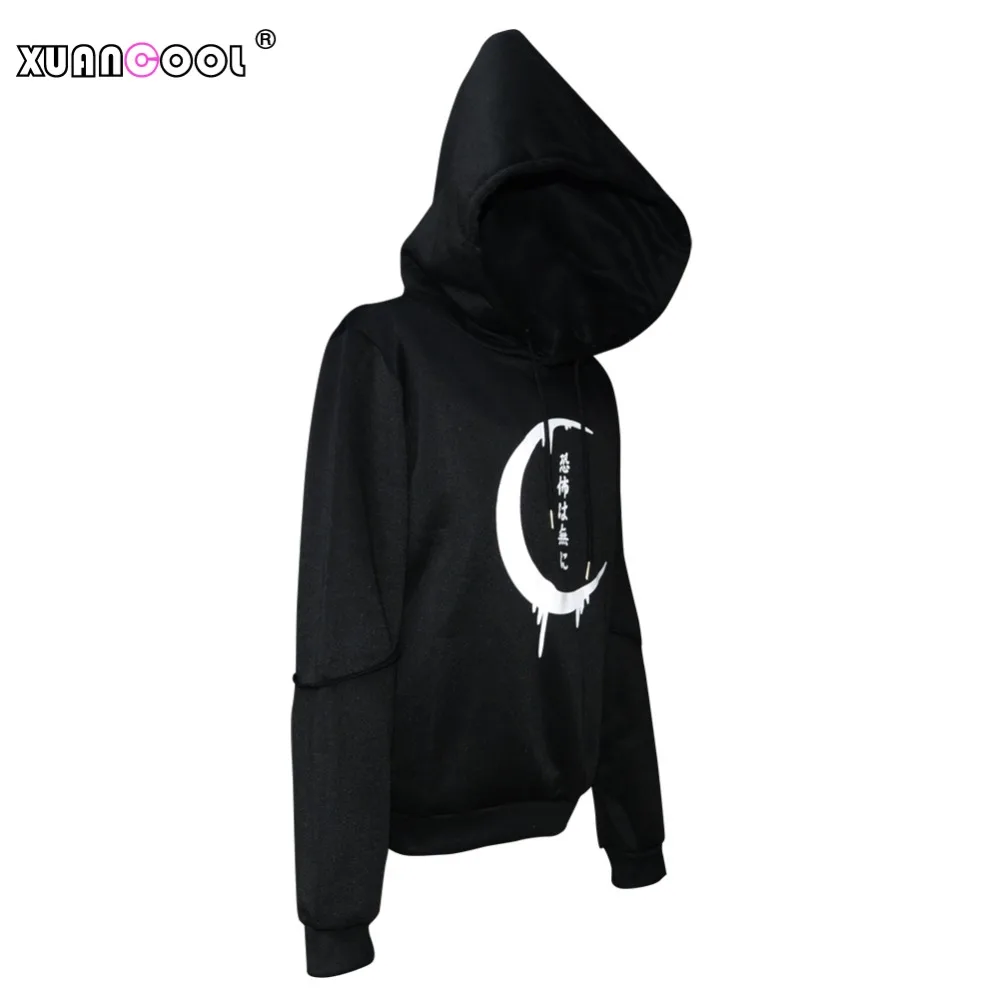  XUANCOOL Hoodies Women Gothic Moon Japanese Letters Printed Stitching Sleeve Pullover Ladies Coat B