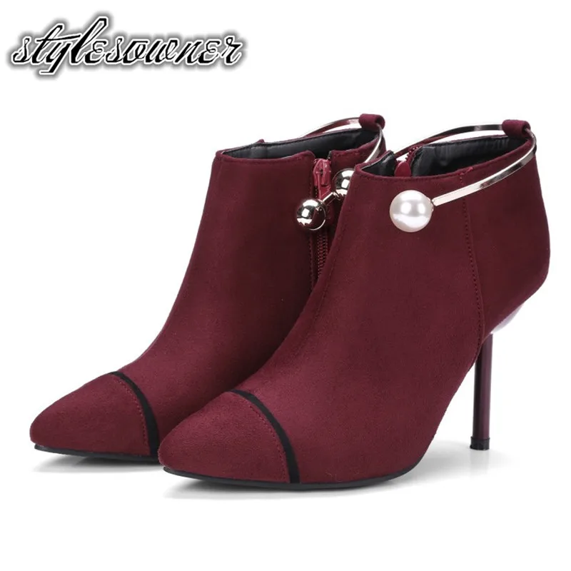 

Stylesowner High Quality Fashion with Pearl Ankle Boots Pointed Toe Metal Ring Flock Thin Heels Winter Boots Black and Red Boots