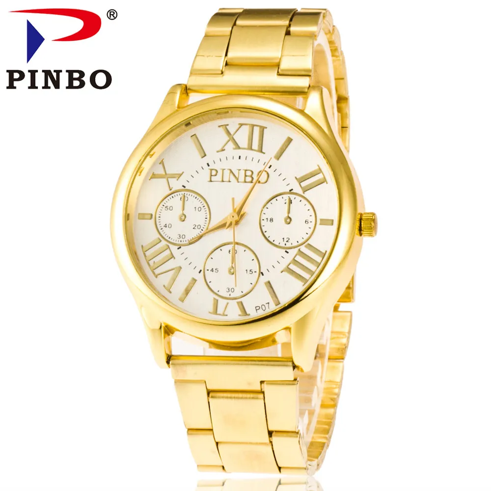 

2017 New PINBO Brand Three Eyes Fashion Casual Gold Quartz Watch Men Stainless Steel Dress Watches Women Wristwatches Relogio Fe