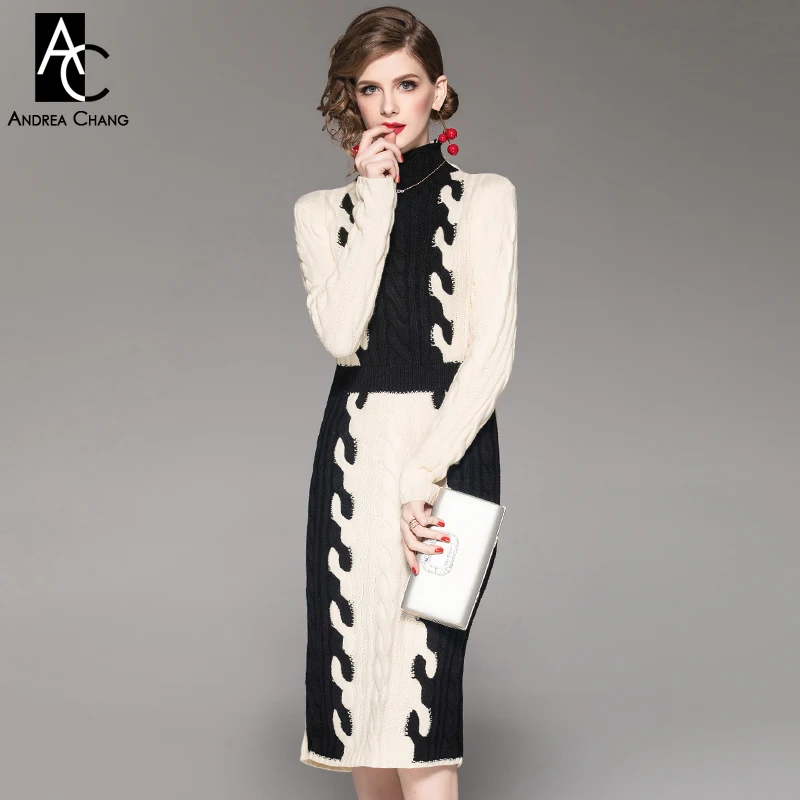 

autumn winter woman dress ivory black patchwork knitted dress turtleneck full sleeve knee length fashion vintage slim dress