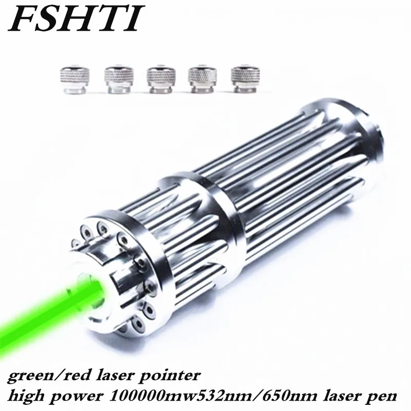 

green/red laser pointer high power 100000mw532nm/650nm laser pen focus burn matches with 5 caps range 2000 meters