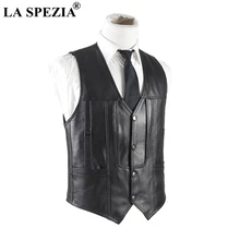 LA SPEZIA Mens Leather Waistcoat Genuine Sheepskin Leather Vest Male Soft Real Skin Sleeveless Leather Jacket For Winter Autumn