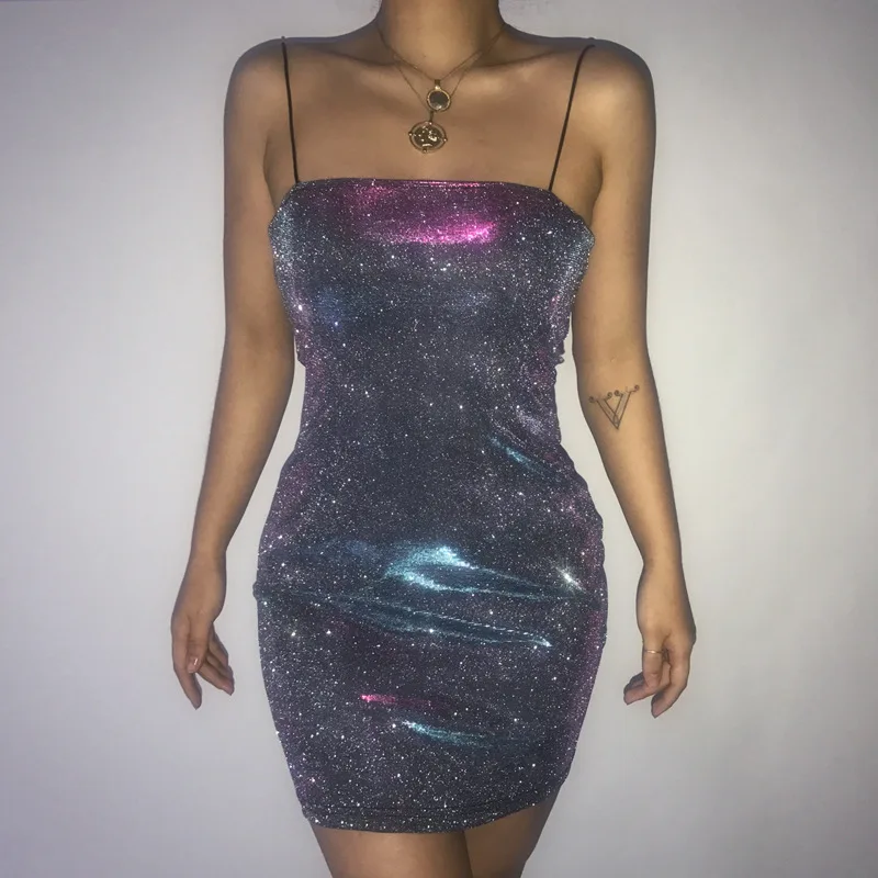 

Sexy Backless Spaghetti Strap Bodycon Mini Dress Shiny Metallic Color Women Slim Skinny Dresses Fashion Club Party Sundress
