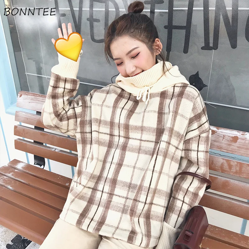 

Hoodies Women Hooded Winter Warm Plaid Print Thicker Plus Velvet Turtleneck Loose Womens Hoodie Korean Style Trendy Harajuku New