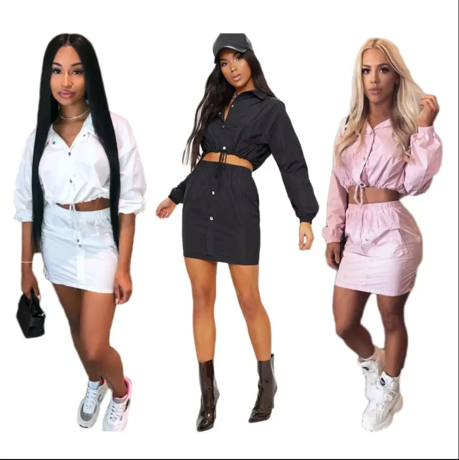 Fashion Reflective Zipper Women Two Pieces Sets 2018 Autumn Short Skirts Zip Pockets Female | Женская одежда