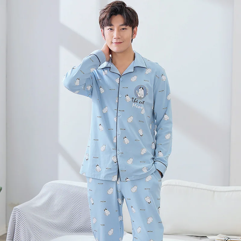 Spring&Autumn cotton pajamas sets mens cat print casual sleepwear for ...