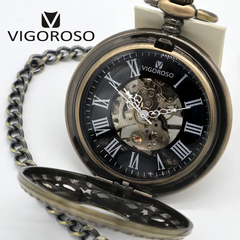 Vigoroso Новая мода механические карманные часы стимпанк Скелет бронзовый сплав ручным подзаводом с FOB цепи часы кулон Для мужчин Для женщин