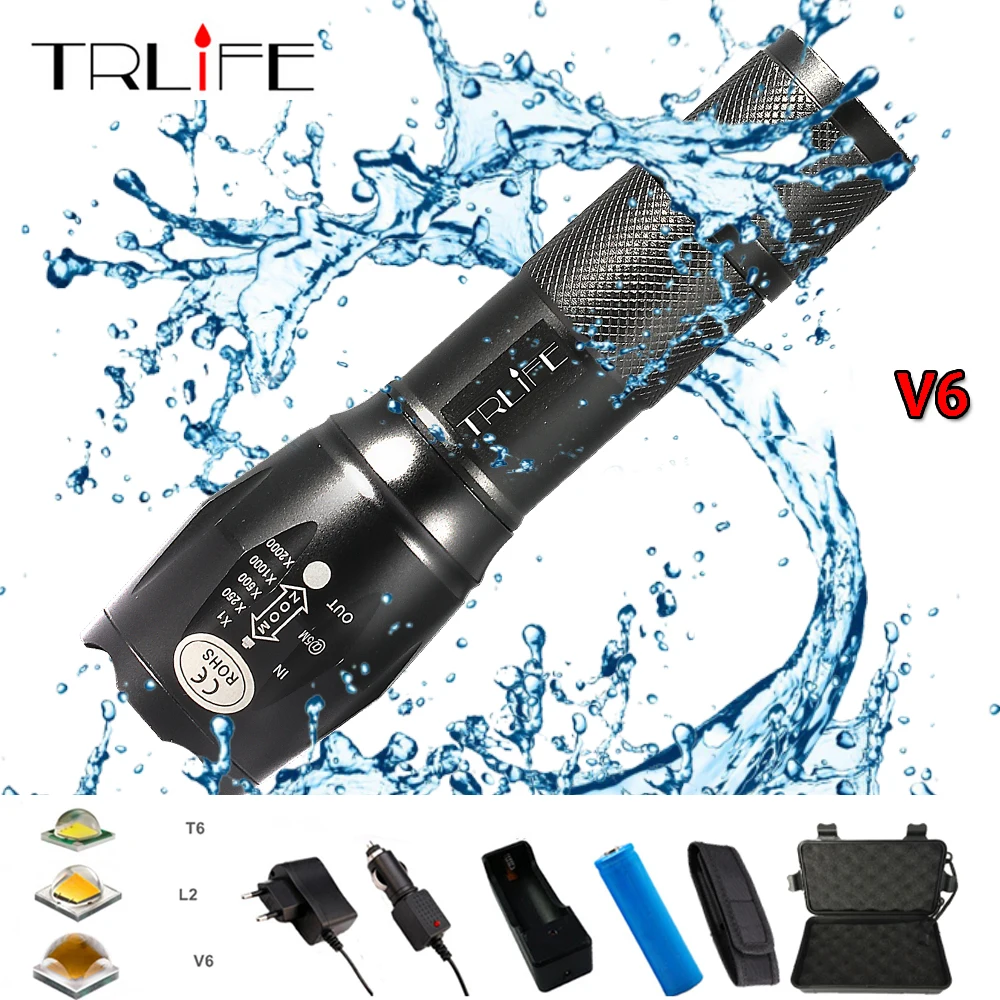 

8000LM LED Flashlight Bright Tactical Camping Fishing T6 V6 L2 Rechargeable Torch Waterproof Lanterna Self Defense Use 18650
