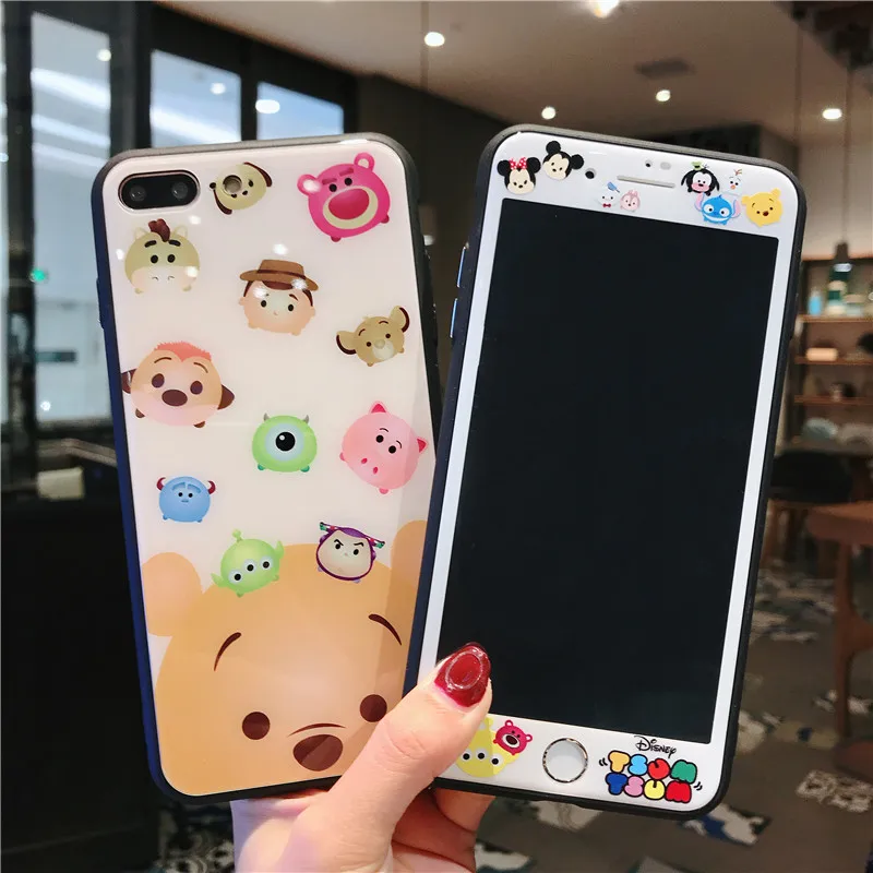 

For iphone X Cartoon monsters glass Cases Cover + Tempered Glass Screen Flim for iPhone 8 8plus 7 7plus 6 6S 6Splus toy Fudas