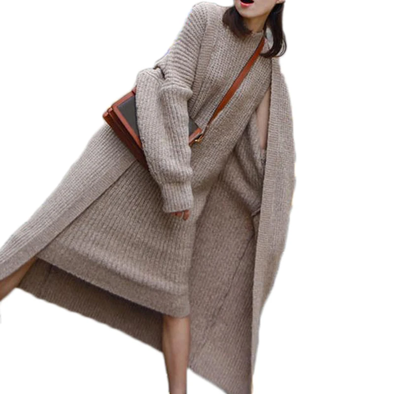 Women Autumn Winter Sweater Dress Suit Open Front Long Knitted