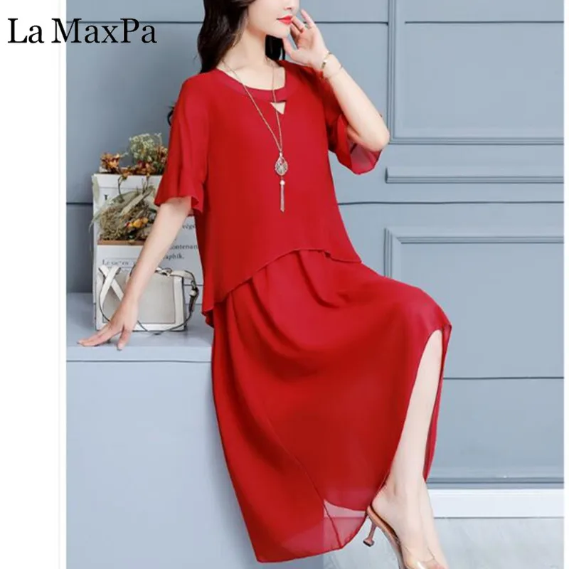 

Plus Size 2019 Chiffon Summer Dress Women Fake two piece Short Sleeve Elegant Party Dresses Fashion Long Dress For Women
