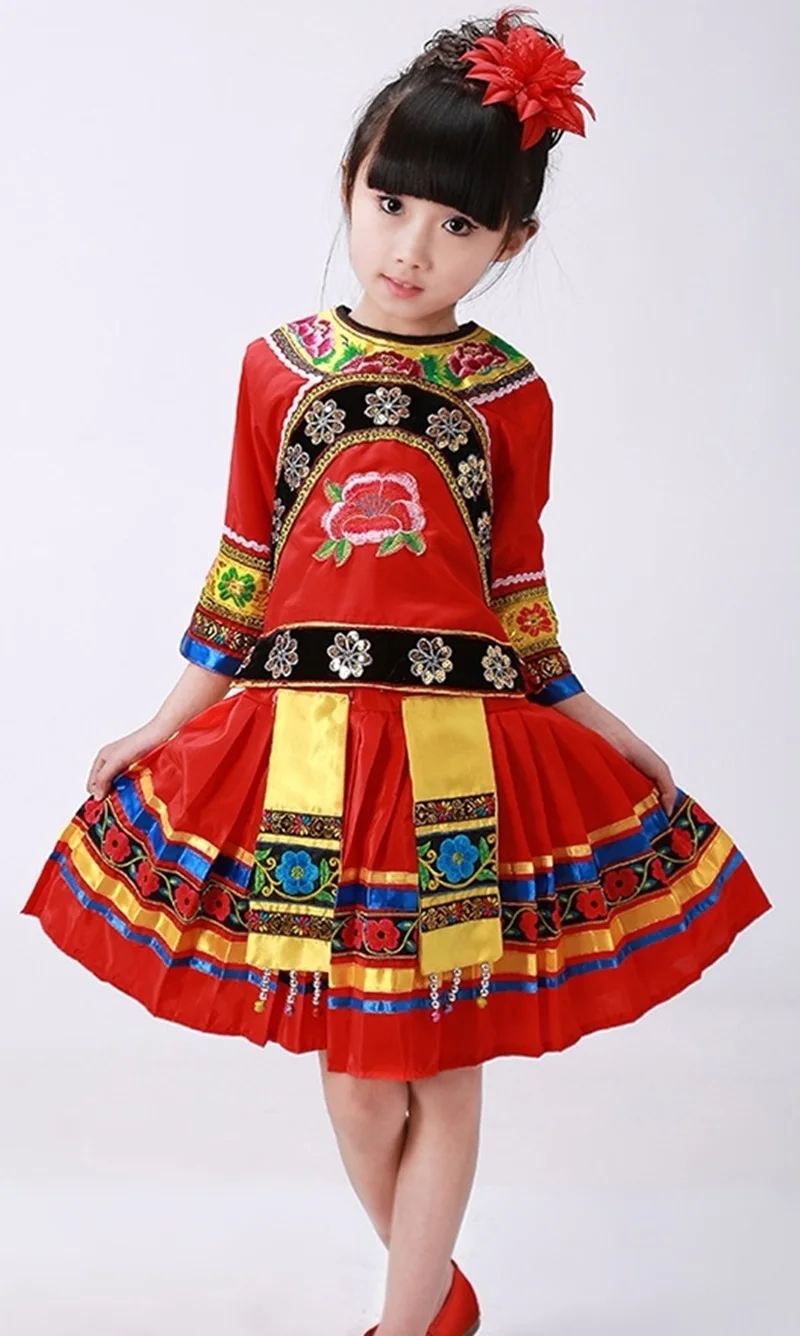 Cute Kids clothing Girls hmong Dancing clothes Chinese folk dancewear costume