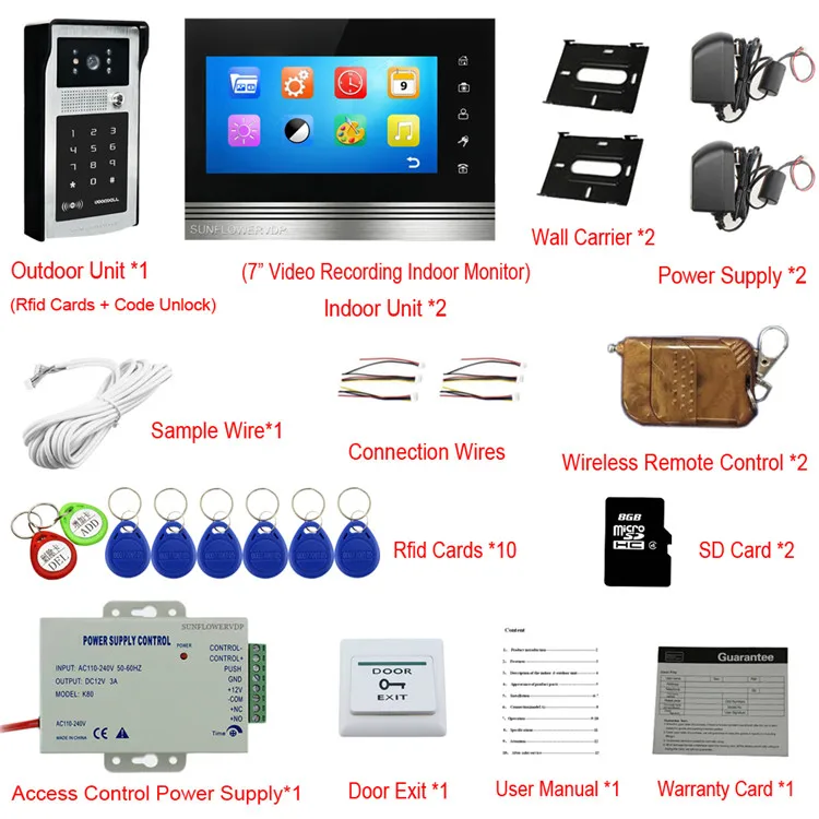 8 Гб SD карты видеодомофоны с запись 2 единицы 7 "цвет мониторы Клавиатура RFID дома домофонный дверной звонок + дистанционное управление 1V2