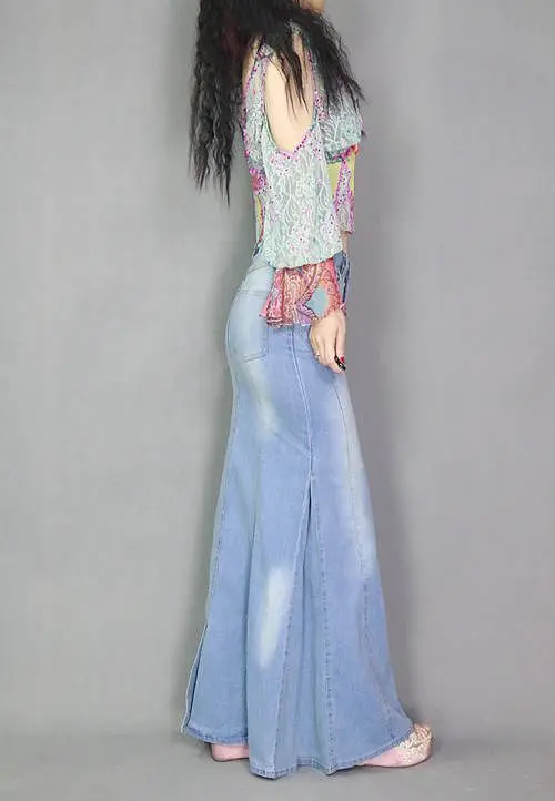 Модные весенне-осенние женские стильные юбки с рыбий хвост, повседневные длинные юбки макси с высокой талией, женские синие джинсовые юбки, длинные джинсовые юбки
