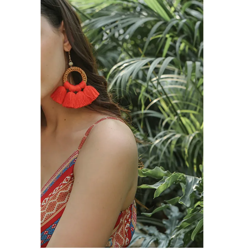

Bonita Ella High End Bohemia Natural Rattan Knit Tassel Drop Earrings Hand Made Earrings