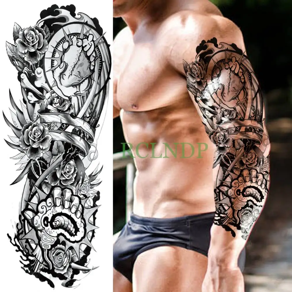 Водонепроницаемая временная татуировка наклейка череп дракона роза цветок полная рука Большая татуировка временная татуировка флэш татуировки для мужчин и женщин - Цвет: Цвет: желтый