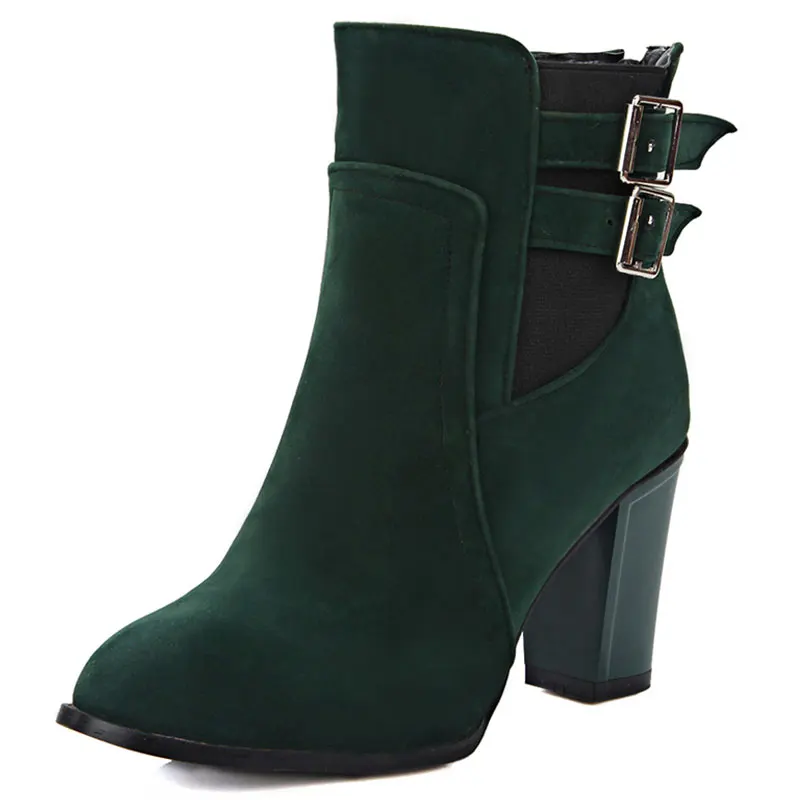 

elegant muse series shoes woman double metal buckles senior PU  woman ankle boots high and square heel woman boots ss420