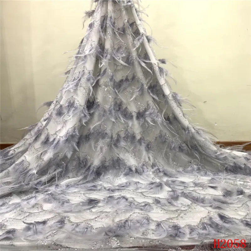

High-end African lace fabric 3D lace fabric with Ostrich feather, nude heavy bead lace fabric for haute couture dress HJ2058-1