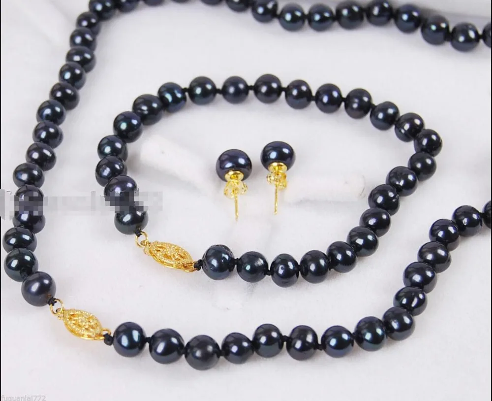

Hot sale new Style >>>>7-8mm Black Akoya Cultured Pearl Necklace Bracelet Earrings Set