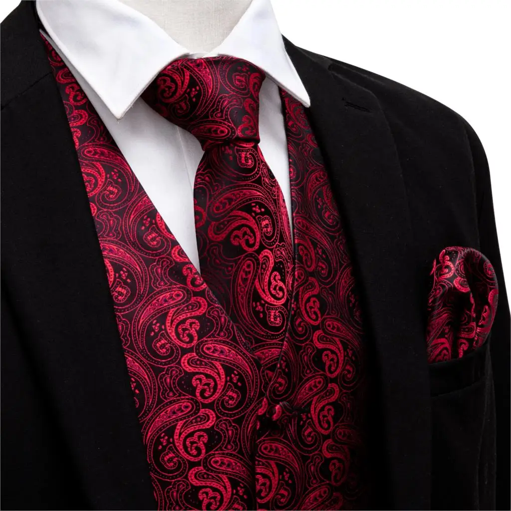 Online Uomo Con Scollo A V Della Maglia Del Vestito Convenzionale Rosso Panciotto Paisley Cravatta Set Gemelli Fazzoletto per Tuxedo vestito di Affari Gilet Barry. Wang MJ 2001