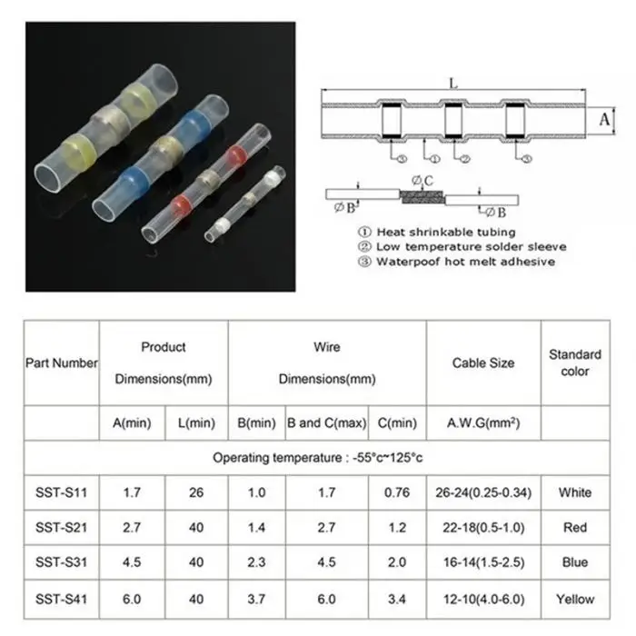 100 шт. Термоусадочные Припоя рукава провода обжимные стыковые клеммы водонепроницаемые разъемы@ 8 WWO66