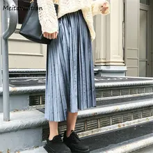 Harajuku Весна Зима Женская длинная юбка Повседневная Черная Женская бархатная юбка Женская эластичная плиссированная юбка с высокой талией