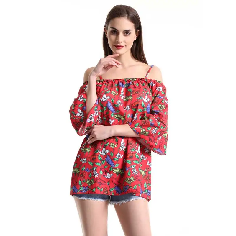 

2018 Flare Sleeve Slash Elasticity Neck Blouse Women Summer Beach Flower Print Sexy Party Off Shoulder Casual Loose Shirts Tops