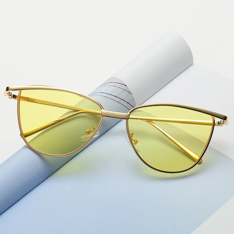 Женские солнцезащитные очки, Роскошные, кошачий глаз, фирменный дизайн, зеркальный щит, новинка, золото, Ретро стиль, кошачий глаз, модные солнцезащитные очки, женские очки - Цвет линз: Цвет: желтый