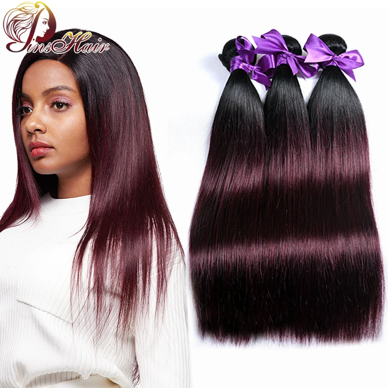 

Pinshair 1B Burgundy Ombre Straight Hair Brazilian Hair Weave Bundles 100% Human Hair Extension Non-Remy 10-26 inch 1/3 Bundles