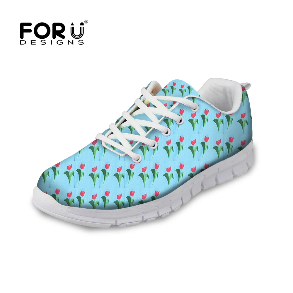 FORUDESIGNS Fashion Flats Women's Sneakers Blue Flower Printing Women Flat Comfortable Lacing Flat Shoes Spring Female Shoes  