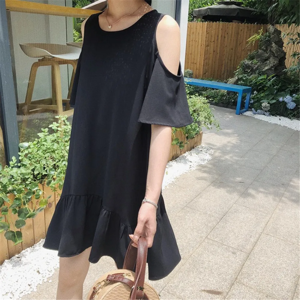 High quality Big Hem Black Summer Dress 2018 Hollow Out Shoulder Casual Dresses For Women Vacation Dress Vestidos All Match 1296 (2)