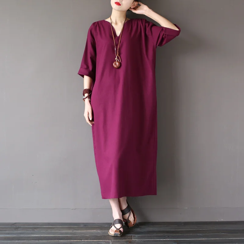 

Johnature 2019 Autumn New Three Quarter Sleeve Cotton Linen V-neck Loose Vintage Dress Autumn Plus Size Women Dress