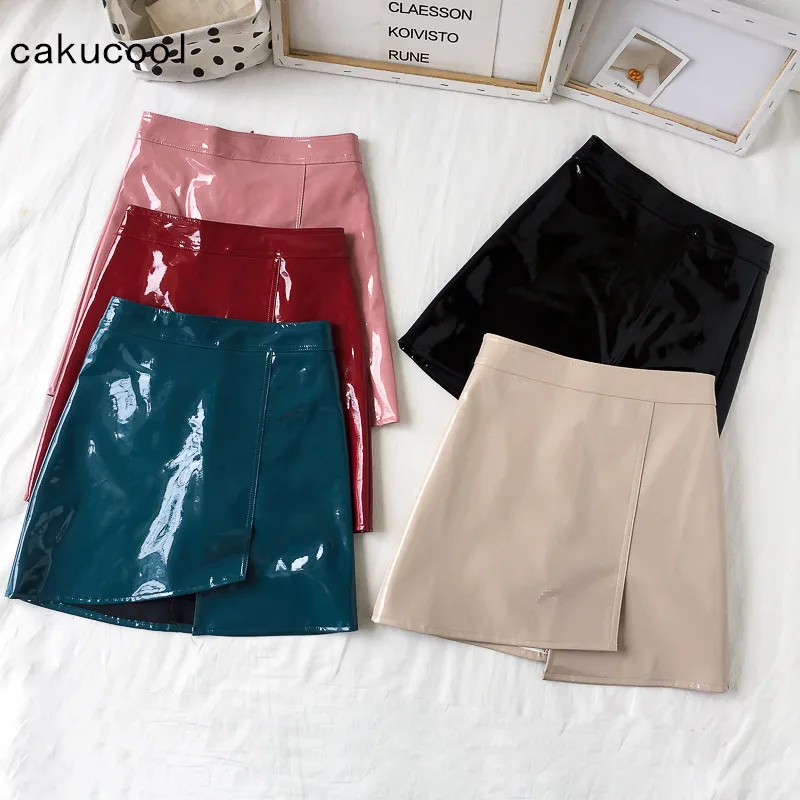 Cakucool, новинка, Женская юбка из искусственной кожи, трапециевидная, блестящая, популярная, облегающая, мини-юбка, винтажная, шикарная, Корейская, универсальная, юбка, 5 цветов